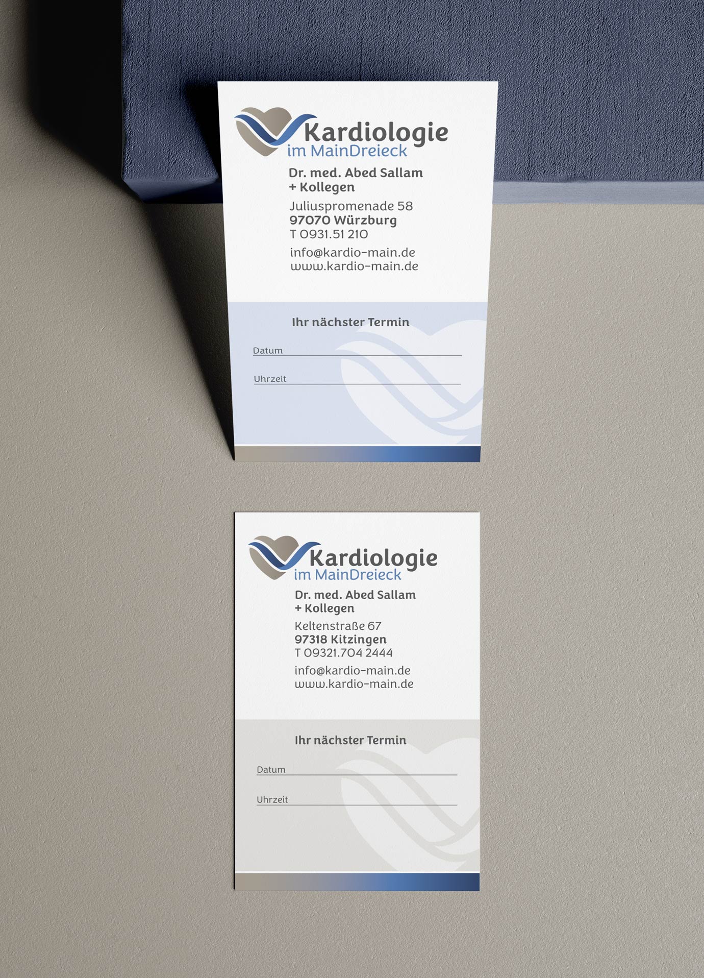Visitenkartendesign für das Kardiologiezentrum im Maindreieck Terminkarten für die Praxis Dr. Abend Sallam