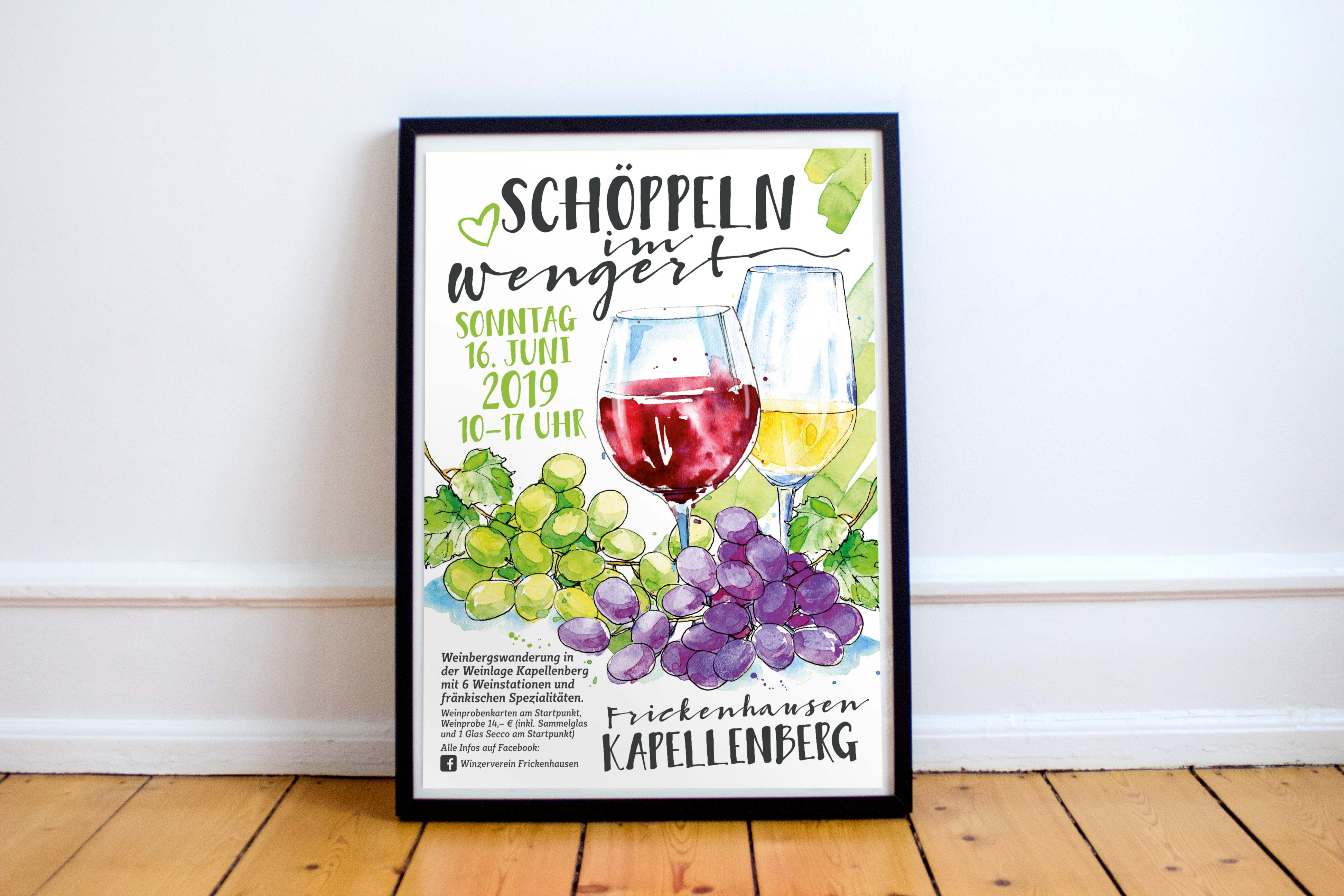 Plakatdesign für die Weinwanderung "Schöppeln im Wengert": Auarellmalerei von Weingläsern und Trauben