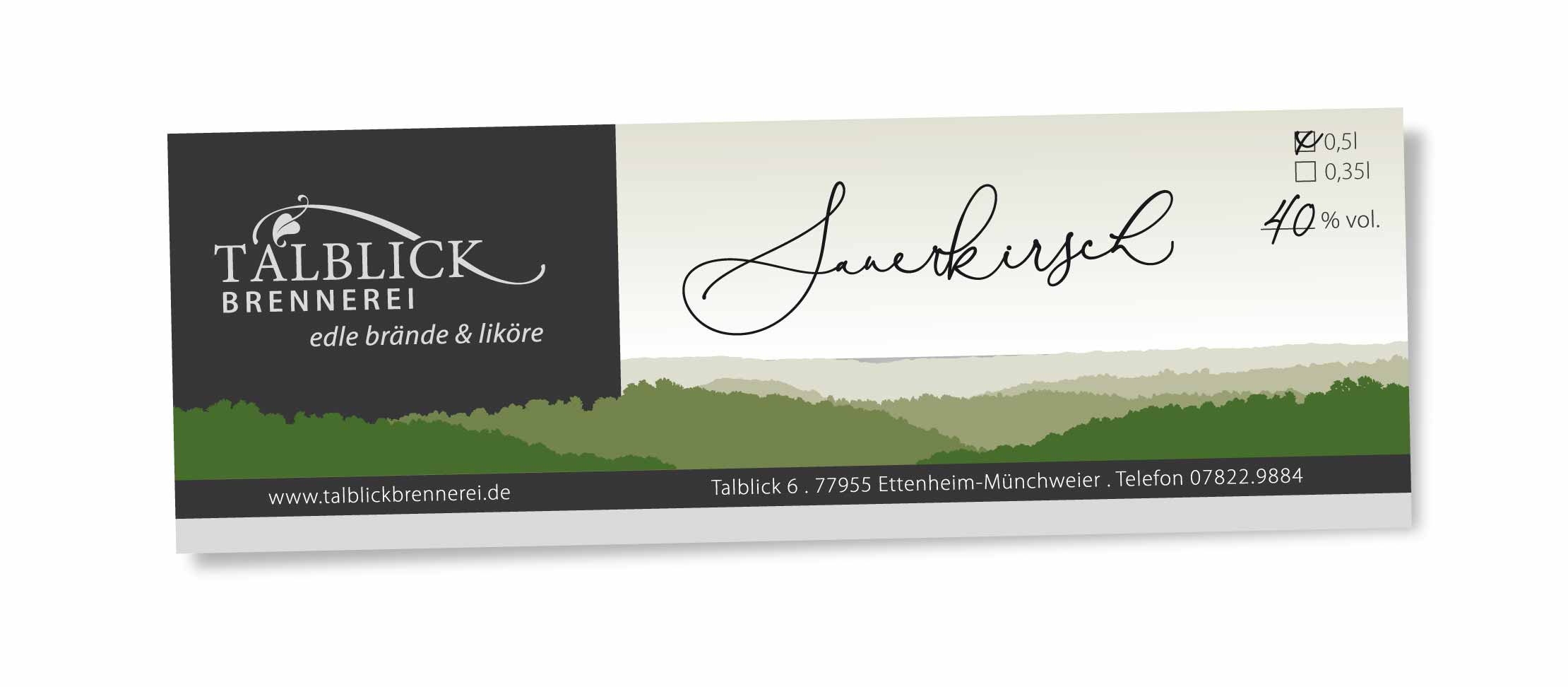 Talblickbrennerei: Etikett für Brände und Liköre